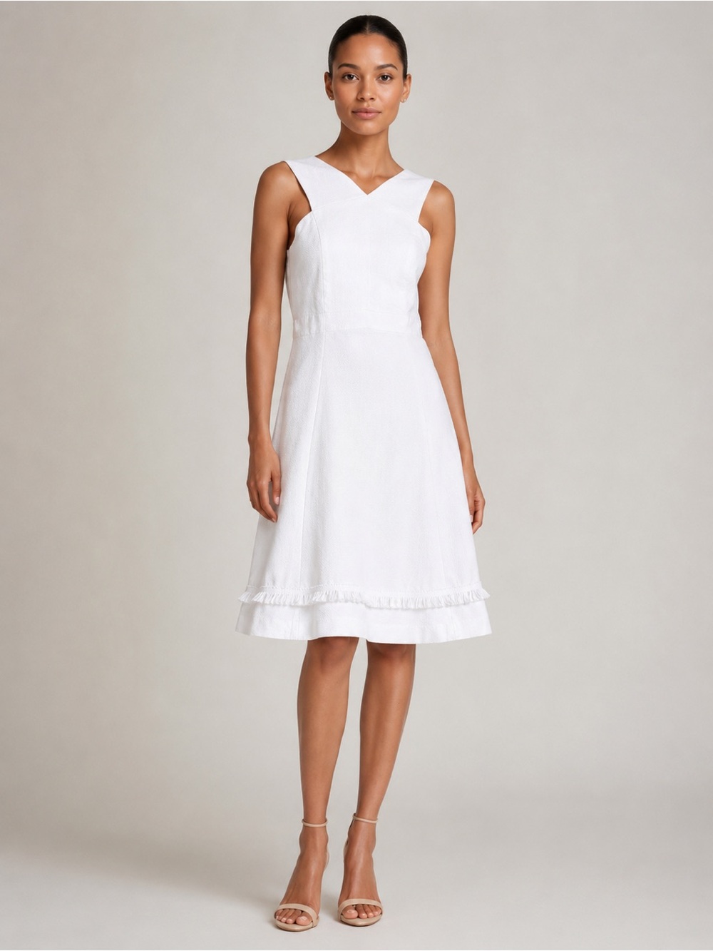 Shoshanna Junelle Dress Womens Size 0 White Fringe Trim Textured Sleeveless